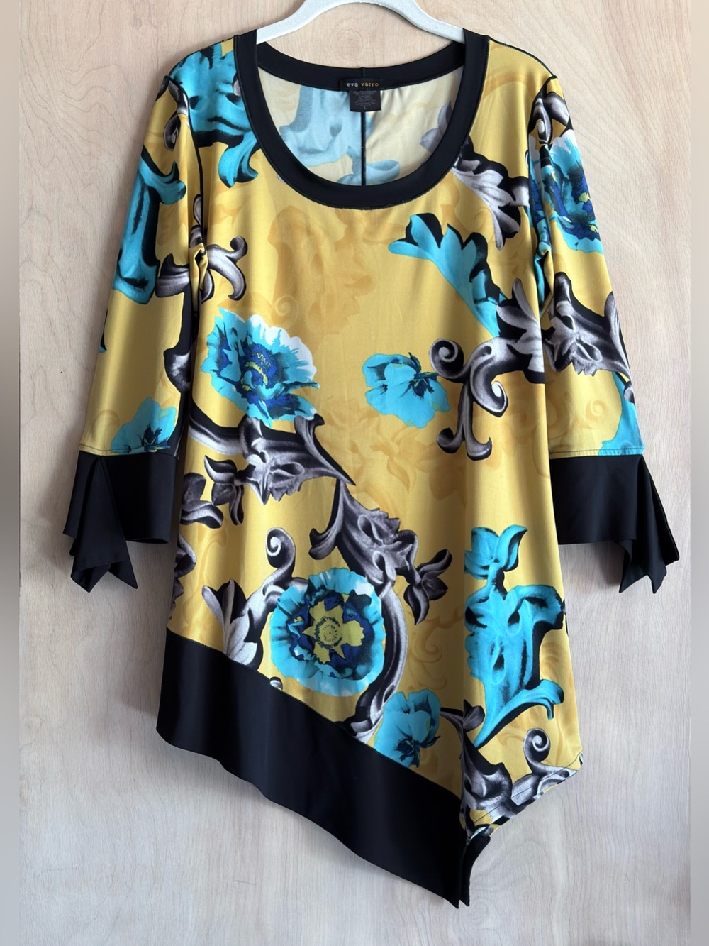 Eva Varro Asymmetrical Floral Tunic Top Women’s L Made USA Gold Turquoise Black